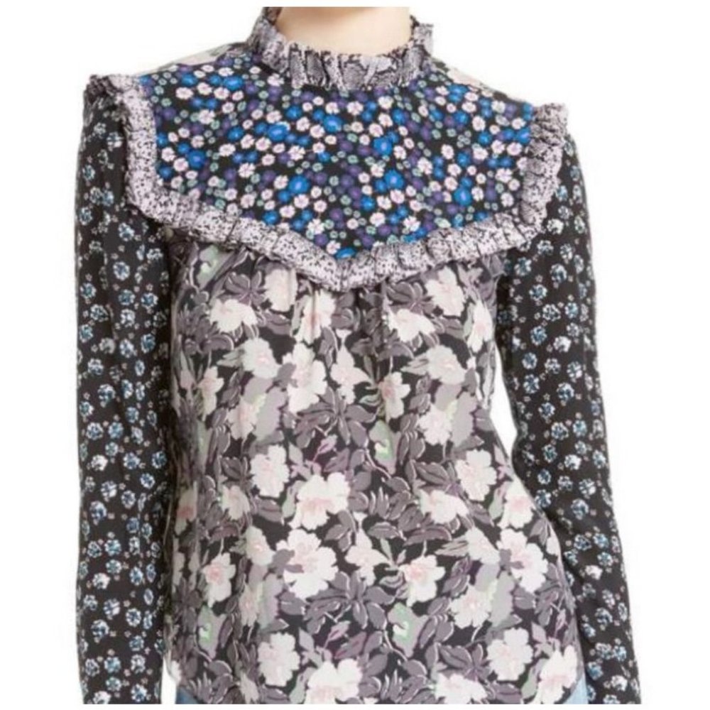 Rebecca Taylor Blouse Top SILK 2 XS Long Sleeve Ruffled Multicolor Floral $389